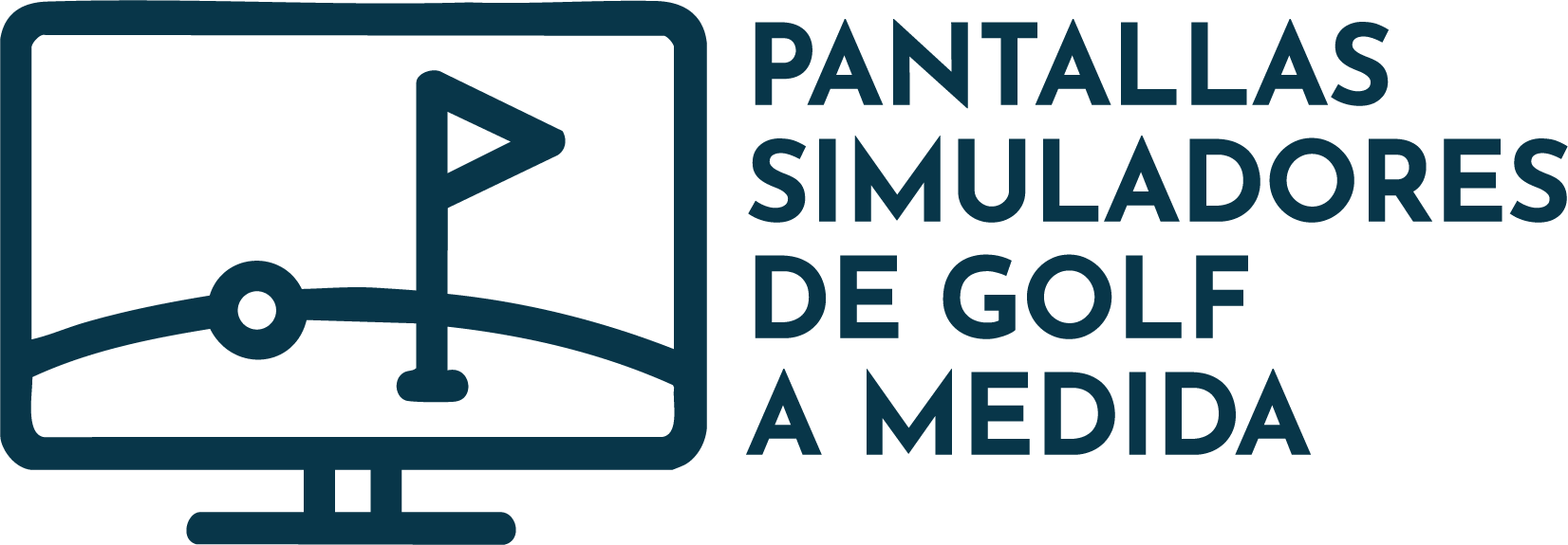 Logotipo blanco de pantallas simuladores de golf a medida sobre fondo azul.