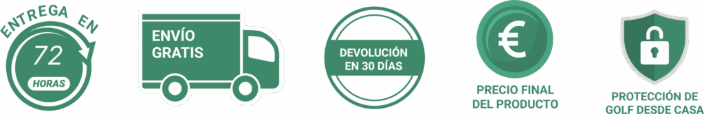 Iconos con ventajas de compra en tienda online de pantallas para simulador de golf.