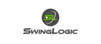 Logo de SwingLogic en gris y verde con icono geométrico que simboliza movimiento y tecnología deportiva.